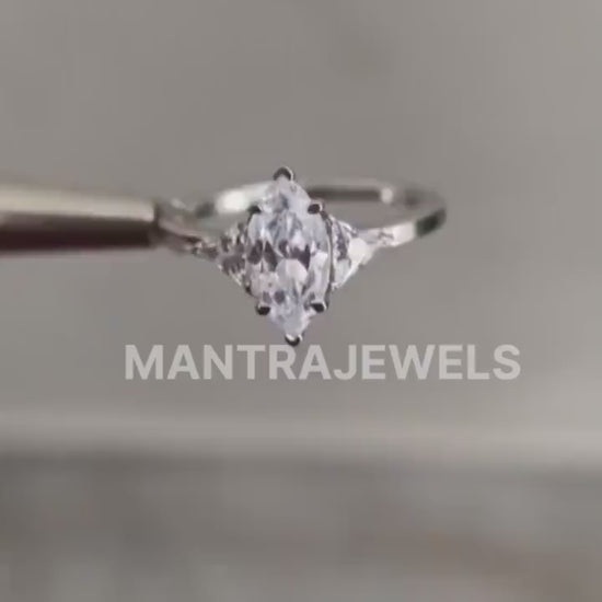 Three Stone Moissanite Engagement Ring, Colorless Marquise Cut Moissanite Gift Ring For Wife, Minimalist Prong Setting Dainty Ring.