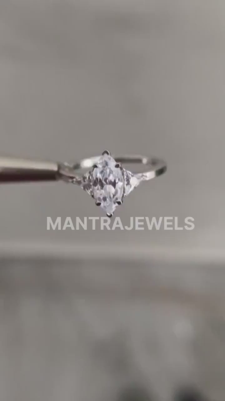 Three Stone Moissanite Engagement Ring, Colorless Marquise Cut Moissanite Gift Ring For Wife, Minimalist Prong Setting Dainty Ring.