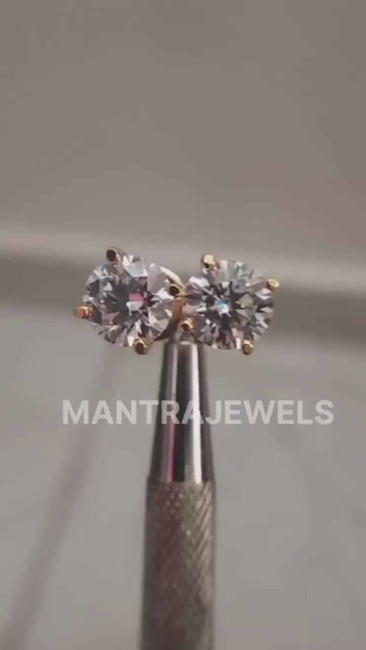 Classic Four Prong Martini Style Earrings, 8.00 MM Colorless Round Cut Moissanite Earrings, Solid Yellow Gold Push Back & Screw Back Earring