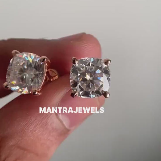 Cushion Cut Moissanite Earrings/ Solid 10KT/14KT/18KT Rose Gold Bridal Earrings/ Handmade Solitaire Diamond Moissanite Earrings For Her.