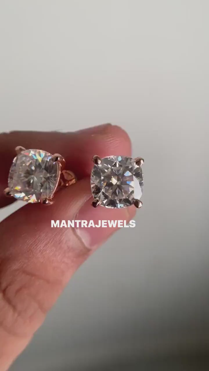 Cushion Cut Moissanite Earrings/ Solid 10KT/14KT/18KT Rose Gold Bridal Earrings/ Handmade Solitaire Diamond Moissanite Earrings For Her.