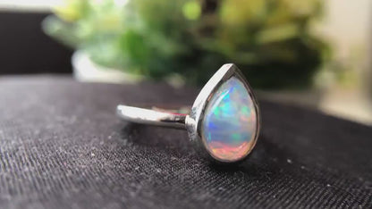 October Birthstone Ring, 2.50ct Pear Shaped Natural Opal Engagement Ring Set, Vintage Unique White Gold Wedding Ring, Birthstone Women Ring