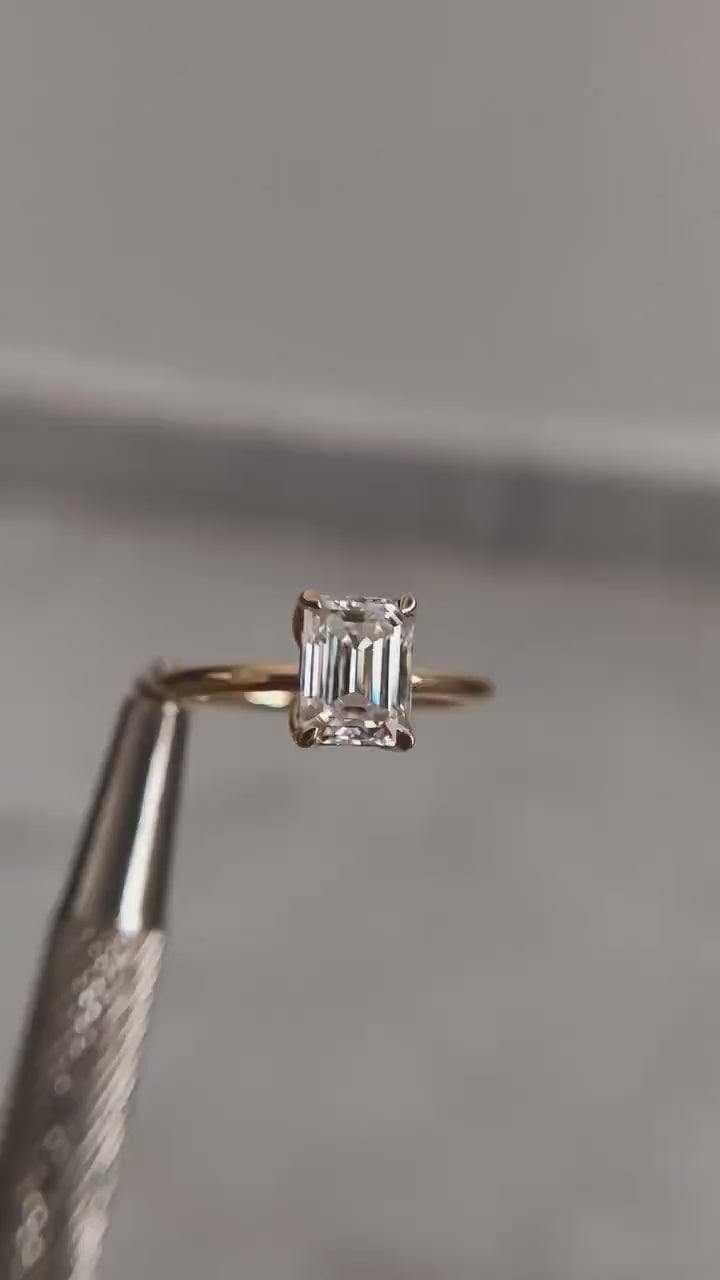 Moissanite Emerald Cut Engagement Rings, 8x6mm Emerald Cut Moissanite Engagement Ring, Handmade Custom Ring in Yellow Gold