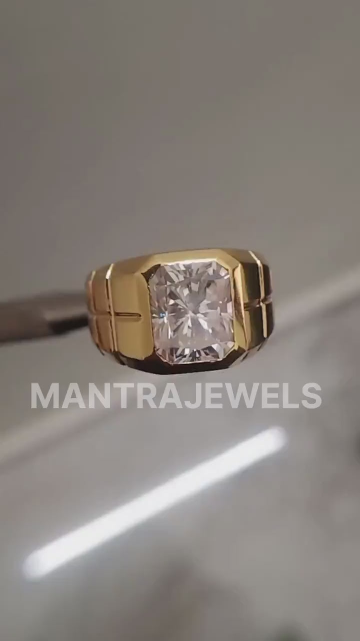 Brilliant Radiant Cut Moissanite Men's Ring, 4.80 CT Radiant Bezel Set Wedding Ring For Men, Solid 18K Yellow Gold Handmade Ring