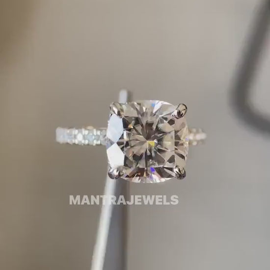 Cushion Cut Brilliant Moissanite Engagement Ring, Square Cushion Cut 10K/14K/18K Solid Gold Half-Pave Wedding Ring