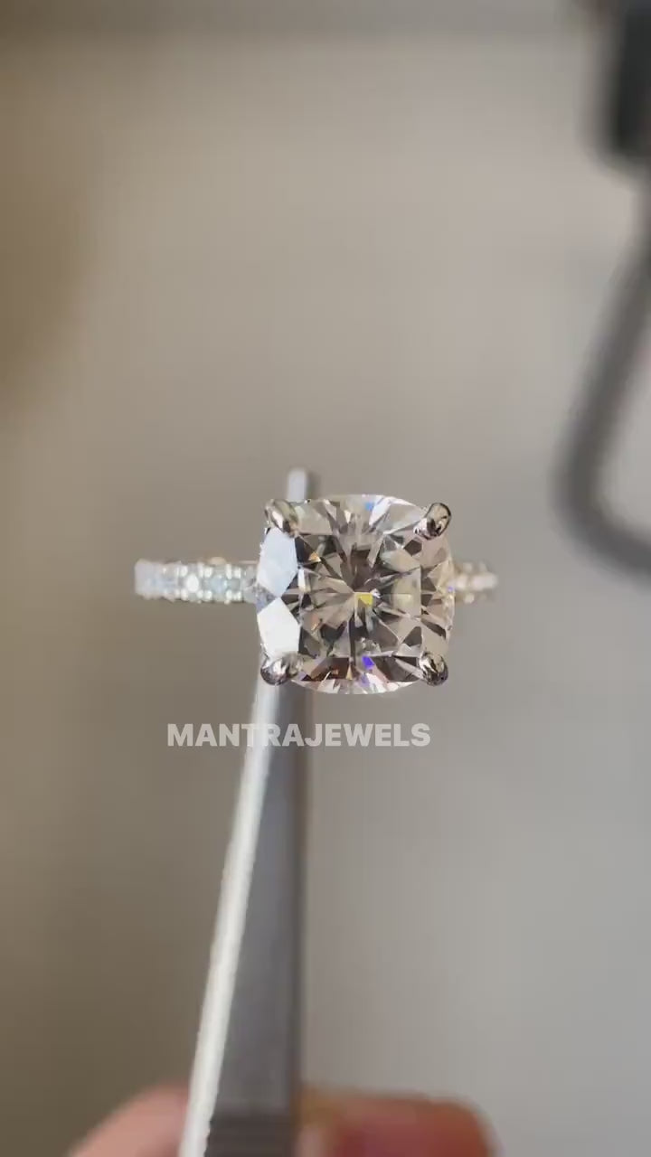 Cushion Cut Brilliant Moissanite Engagement Ring, Square Cushion Cut 10K/14K/18K Solid Gold Half-Pave Wedding Ring