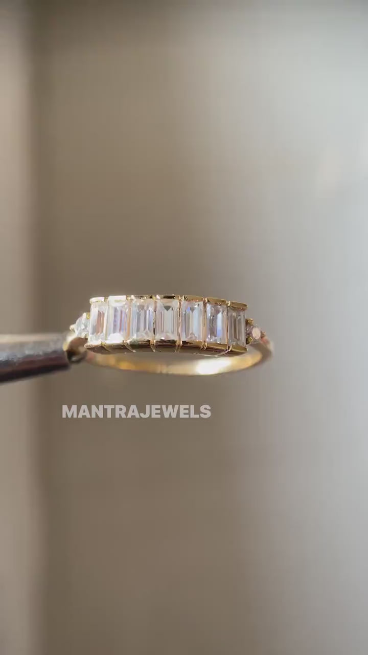 14k Gold Baguette Wedding Band, Vertical Baguette Moissanite Wedding Band, Brilliant Moissanite Wedding Band For Her