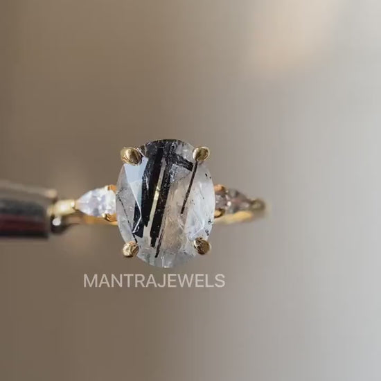 Oval Cut Black Rutilated Quartz Ring, Oval Engagement Ring, Three Stone Oval Wedding Ring in Real Yellow GOld