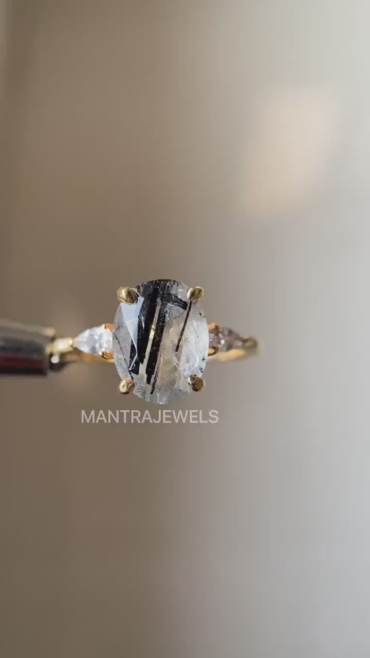 Oval Cut Black Rutilated Quartz Ring, Oval Engagement Ring, Three Stone Oval Wedding Ring in Real Yellow GOld